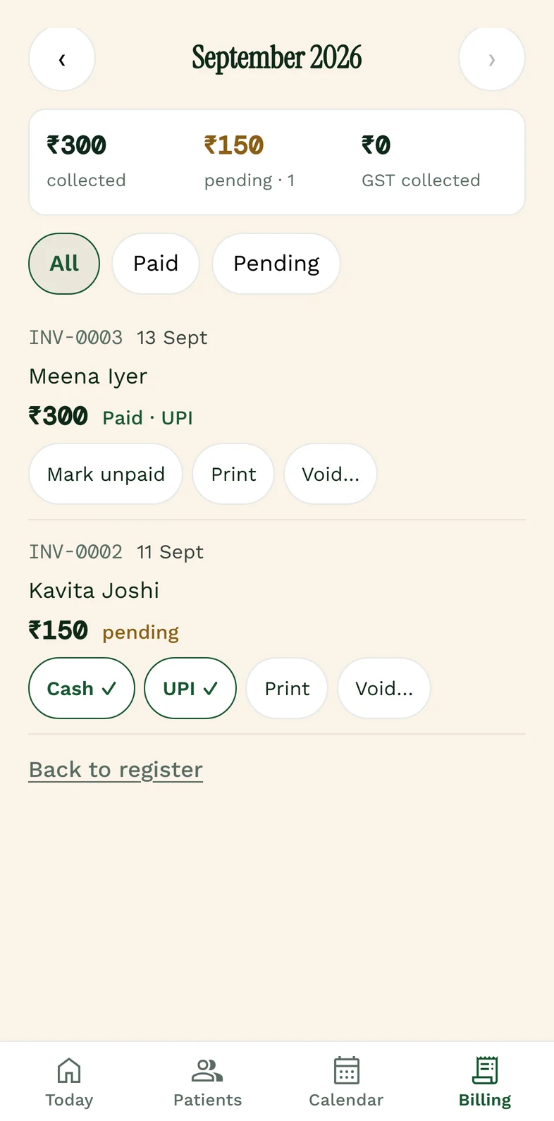 The Billing screen in Curanon: the month, paid and pending